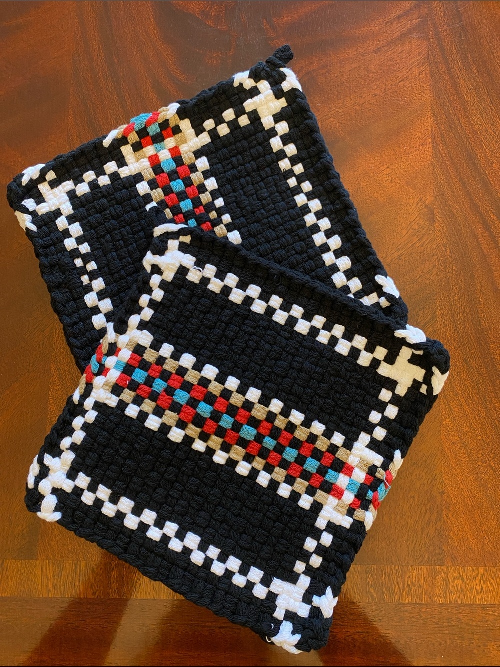 Handmade Black Woven Pot Holders with White Trim and Red & Teal Accents